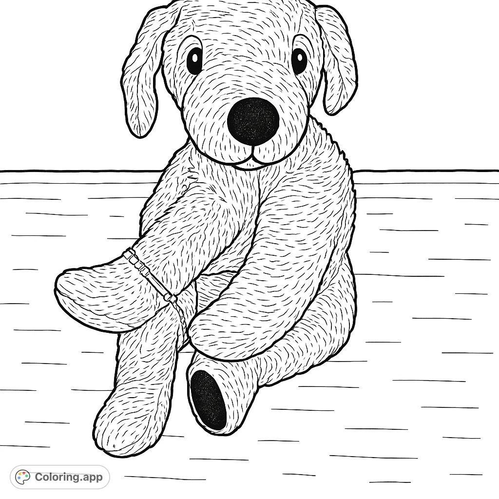 A charming plush dog toy with a textured fur appearance, sitting with crossed legs and a small bracelet. Perfect for a cozy coloring session.