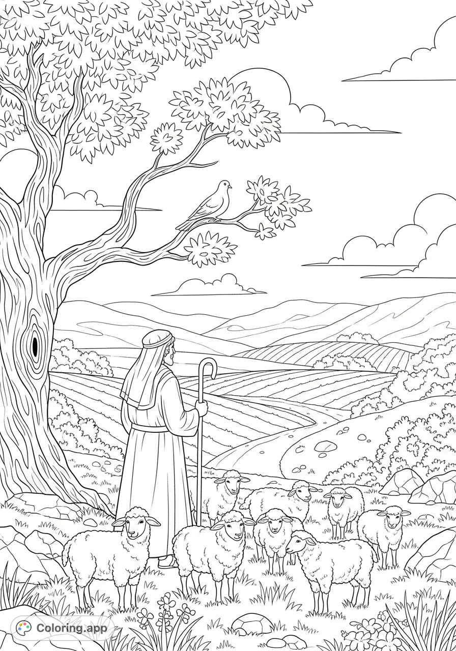 A peaceful Christ-like coloring page featuring a gentle shepherd, his flock of sheep, a dove, and a serene natural landscape. Perfect for quiet reflection.