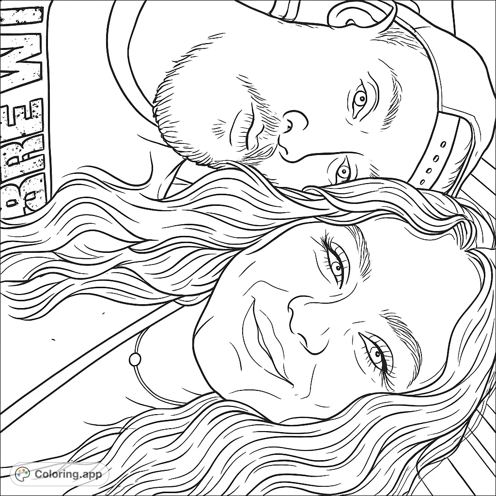 Capture a moment of connection with this couple's portrait coloring page, featuring detailed facial features, flowing hair, and a textured beard.