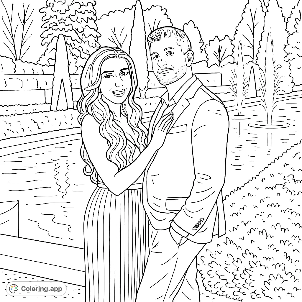 An elegant couple poses in a beautiful garden with fountains and manicured hedges. A sophisticated scene perfect for detailed coloring.