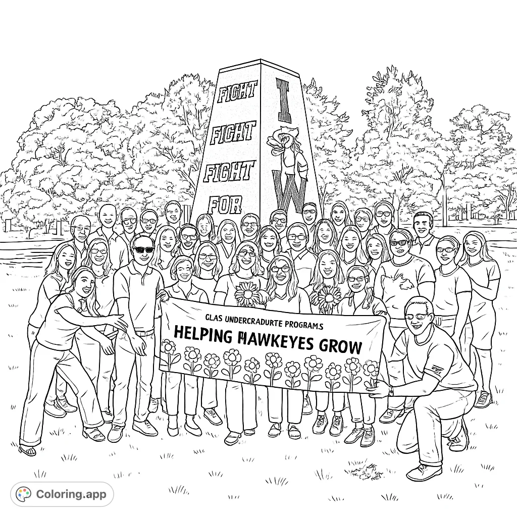 A vibrant campus community gathers for a celebration, holding sunflowers and a banner in front of a university monument. Perfect for school spirit!