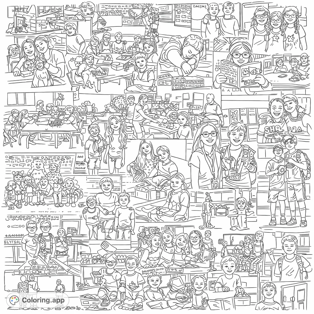 Explore a vibrant community moments coloring page featuring a diverse collage of school life, activities, and joyful interactions for all ages.