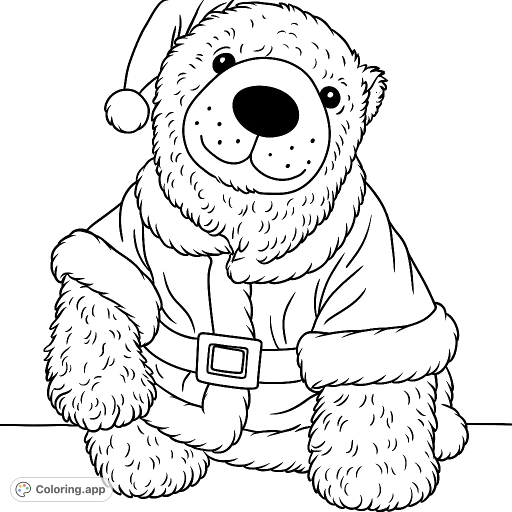 A charming teddy bear dressed in a Santa hat and coat, ready for festive coloring fun. Perfect for holiday cheer!