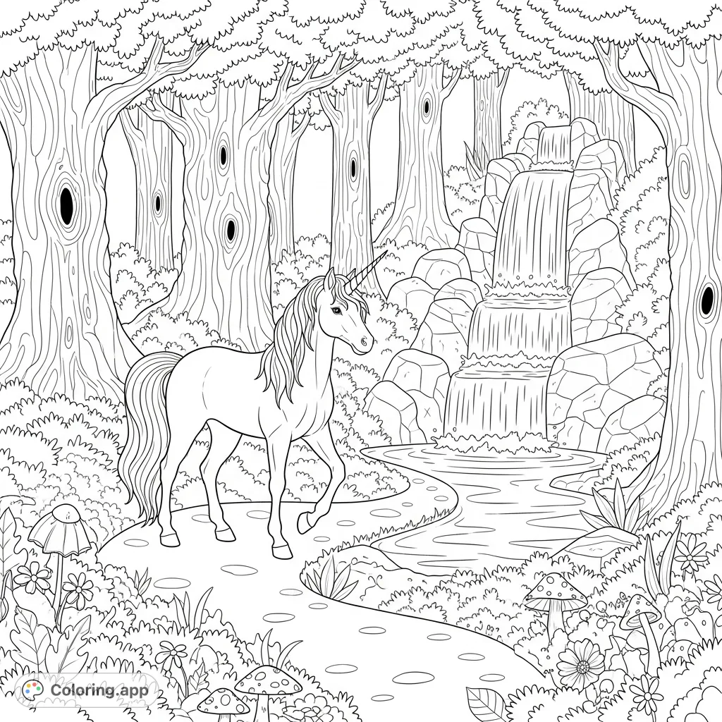 A majestic unicorn gracefully wanders a winding path through an enchanting fairy forest, complete with ancient trees, whimsical flora, and a cascading waterfall.