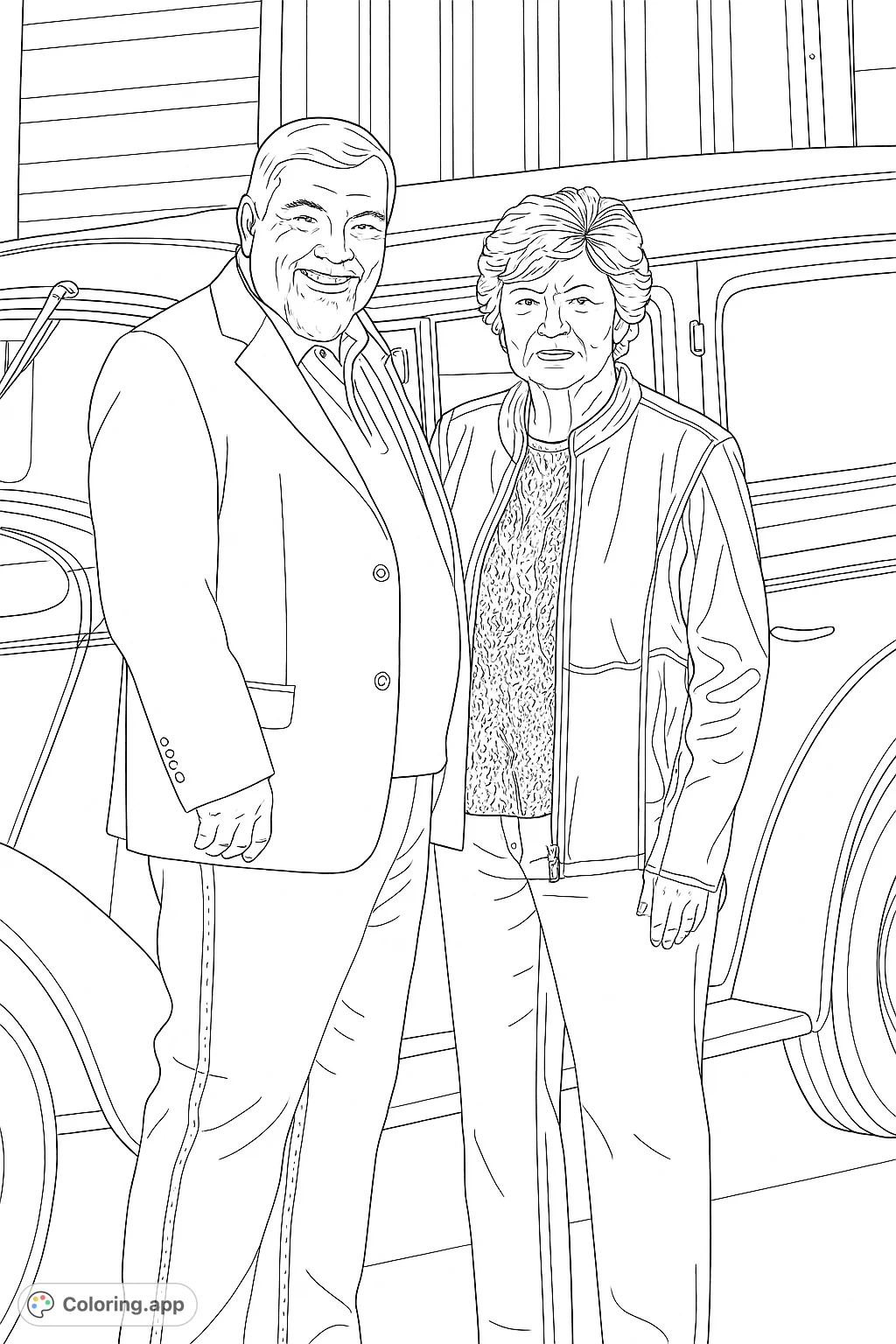 Capture a heartwarming scene of a couple standing proudly beside a classic car. This free printable coloring page offers a nostalgic journey for all ages.