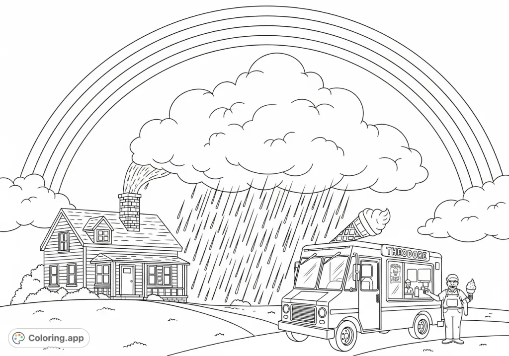 A whimsical scene featuring a majestic rainbow, a rain-filled cloud, a house with a rainy chimney, and Theodore's ice cream truck on the road. Perfect for imaginative coloring.