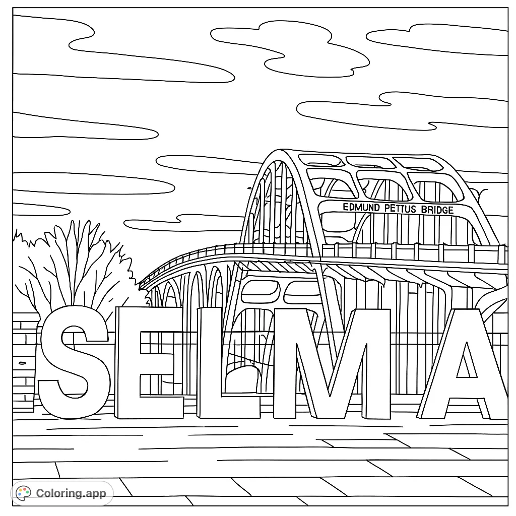 Iconic Selma letters with the historic Edmund Pettus Bridge in the background, a powerful scene for reflection and creative expression.