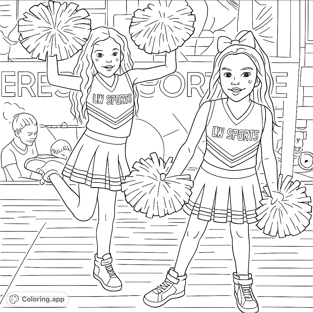 Two energetic young cheerleaders with pom-poms and festive face decorations, ready for a fun coloring adventure. Perfect for aspiring athletes!