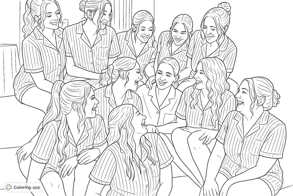 Capture the joy of friendship with this bridesmaid pajama party coloring page. Features a group of women in striped pajamas, laughing and celebrating.