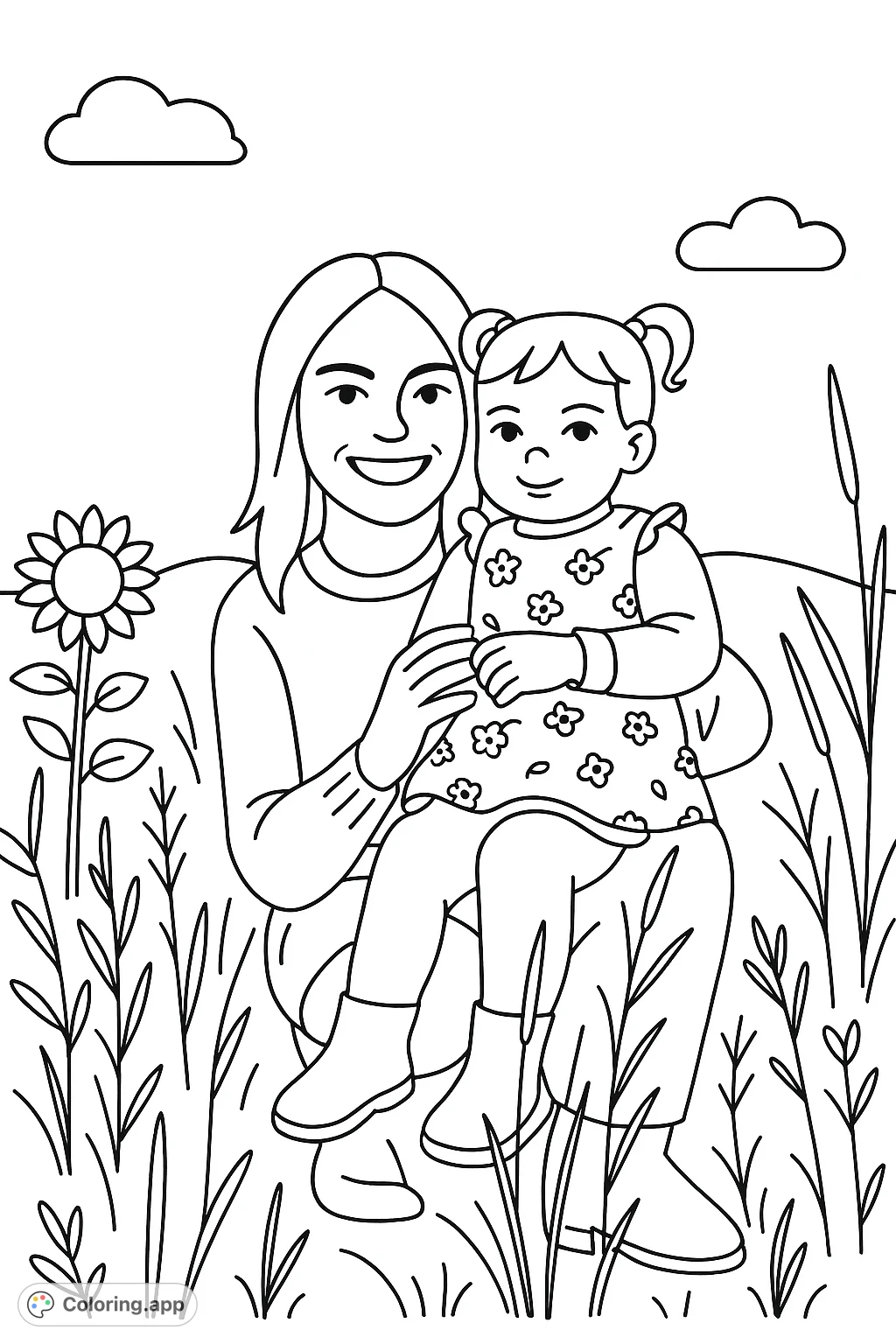 Capture a heartwarming moment of a mother and child in a field of tall plants, featuring a prominent sunflower. A simple, pop art style coloring page for young artists.