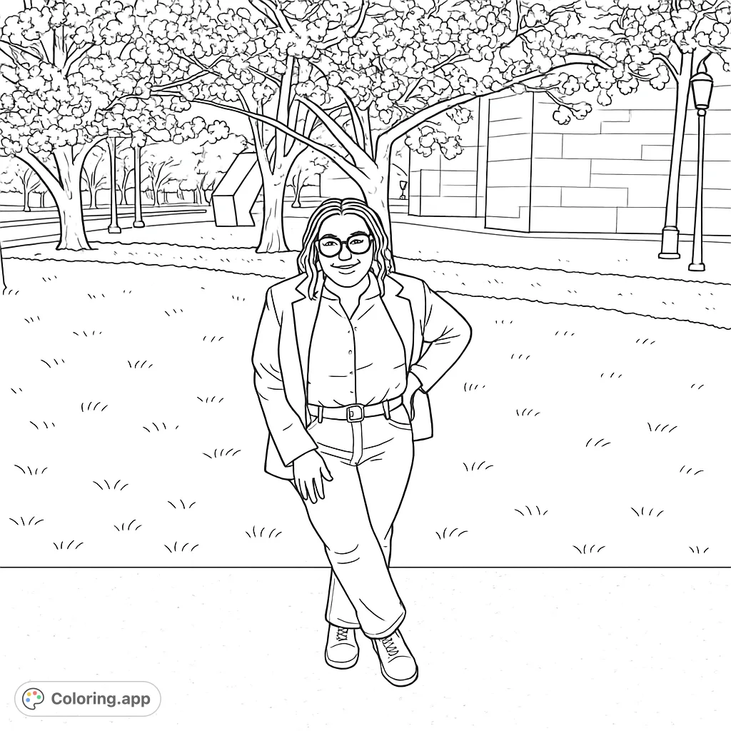 Capture the beauty of spring with this elegant portrait. A woman stands amidst blossoming trees and a modern building, offering a delightful coloring experience.