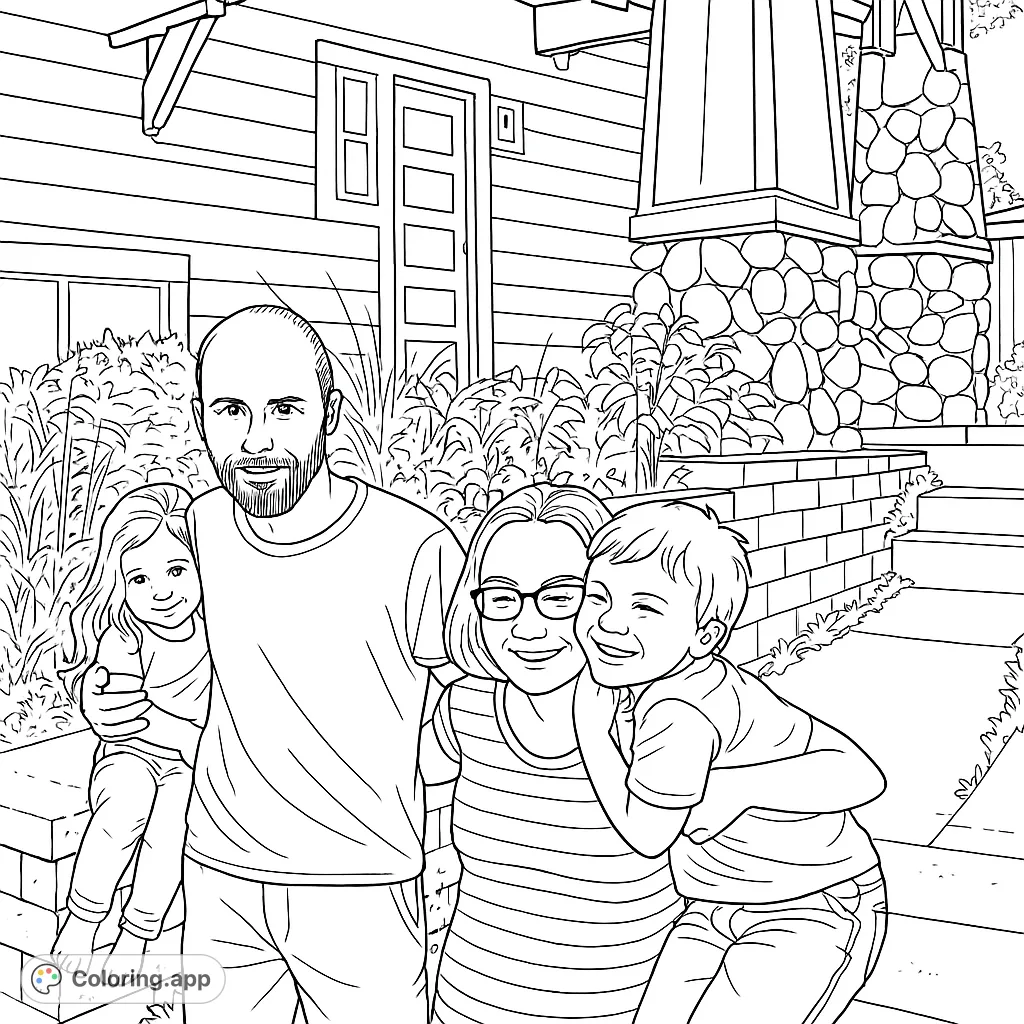 Capture a heartwarming family moment with this delightful coloring page. A smiling family of four stands together in front of their home, ready for your creative touch.