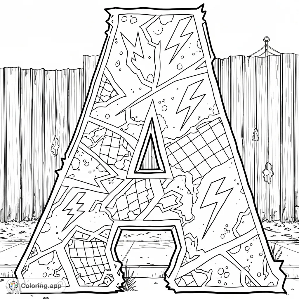 A dynamic, close-up letter 'A' adorned with checkerboard and lightning patterns, set against a textured, rusted corrugated metal fence with weeds.