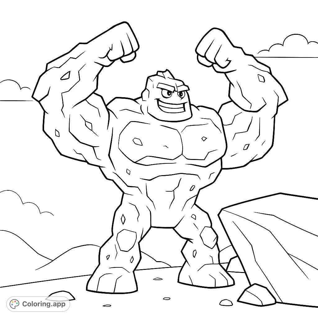 A powerful rock monster stands with arms raised, ready for action. This fantasy creature coloring page is perfect for fans of strong characters.