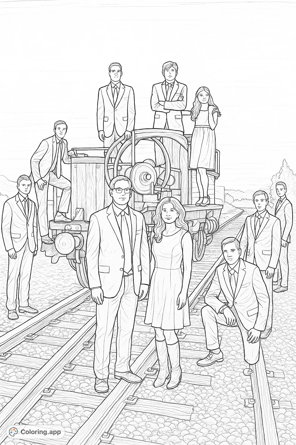 A unique group portrait coloring page featuring formally dressed individuals posing on and around a vintage train car, set on railway tracks.