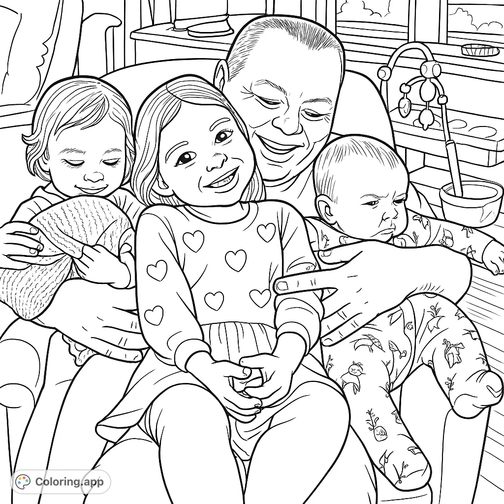 A heartwarming family portrait featuring a man holding three joyful children, surrounded by a cozy indoor setting. Perfect for celebrating family bonds.