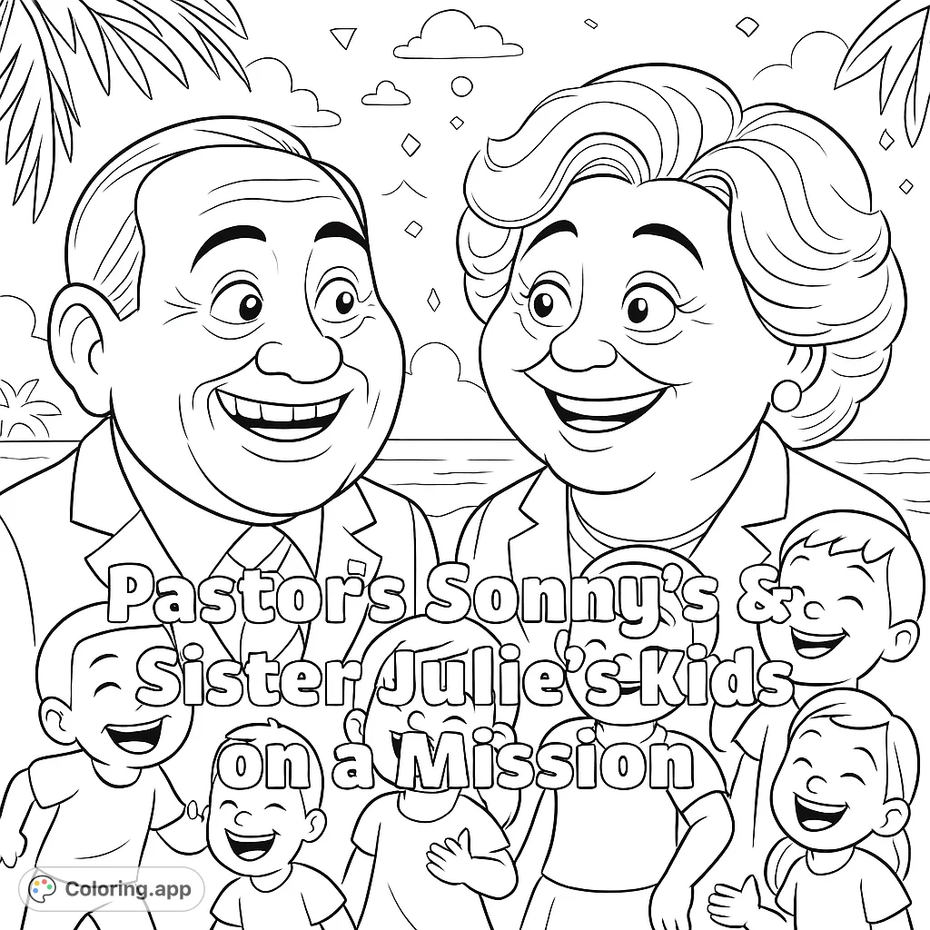 A heartwarming mission-themed coloring page featuring two smiling leaders and a group of joyful children gathered around a globe on a beach. Perfect for inspiring young hearts.