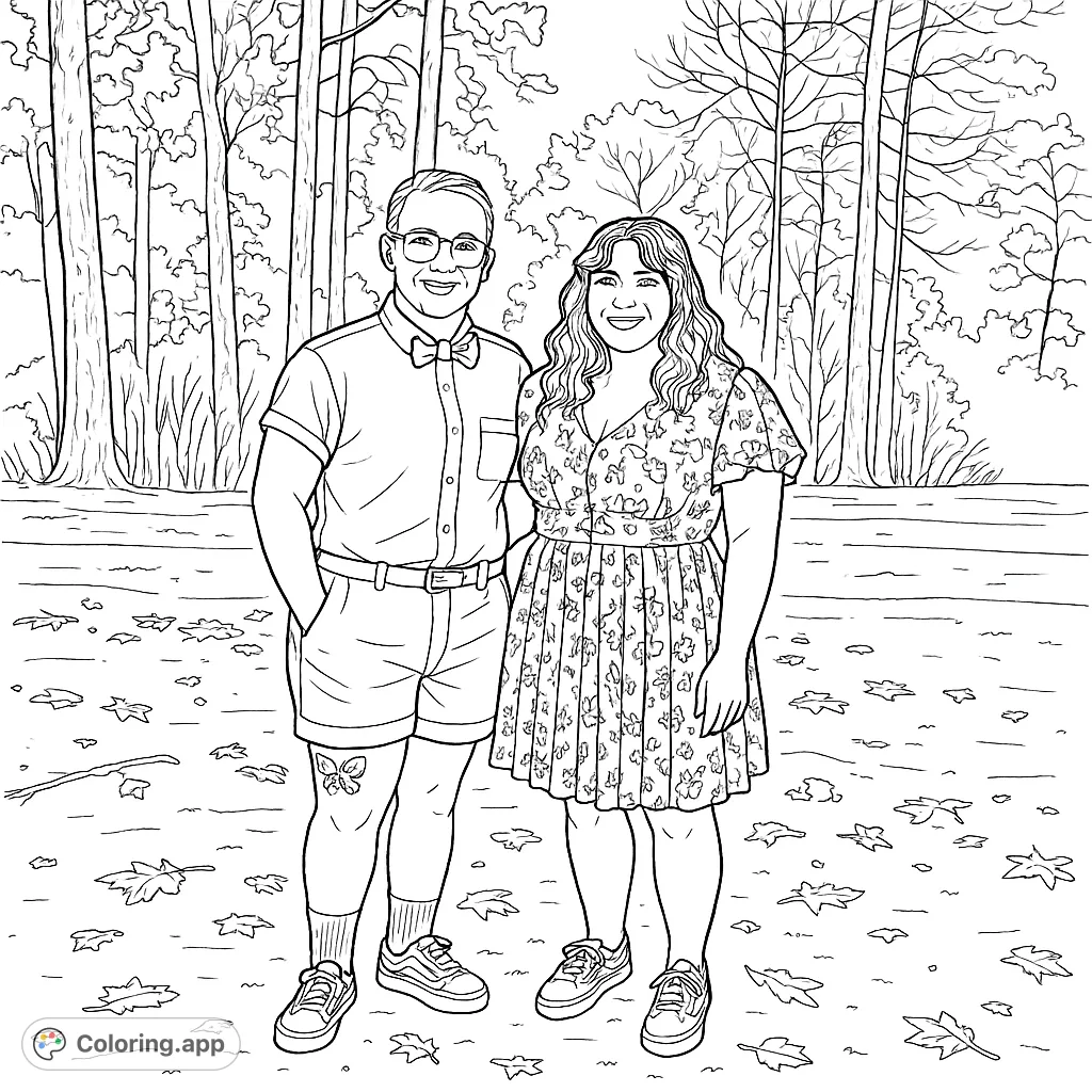 A delightful coloring page featuring two individuals standing together in a serene outdoor setting, surrounded by trees and natural elements. Perfect for all ages.