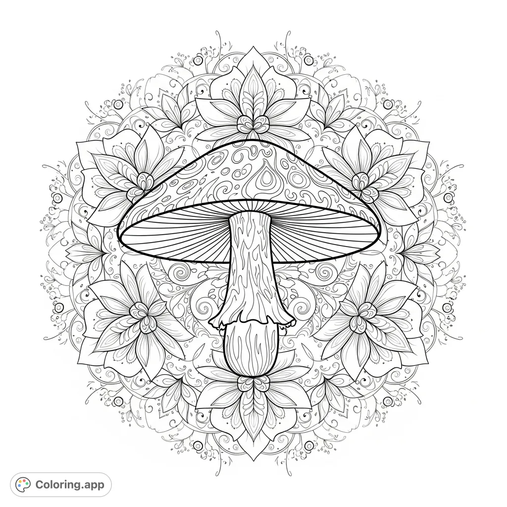Explore a whimsical mandala featuring a grand magic mushroom surrounded by layers of intricately patterned, fantastical flowers. A captivating design for mindful coloring.