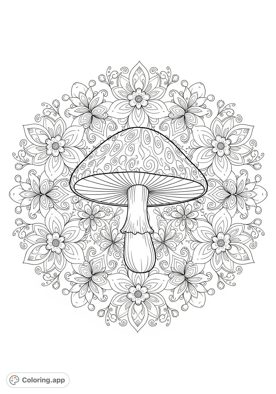 Explore a whimsical mandala featuring a grand magic mushroom surrounded by layers of intricately patterned, fantastical flowers. A captivating design for mindful coloring.