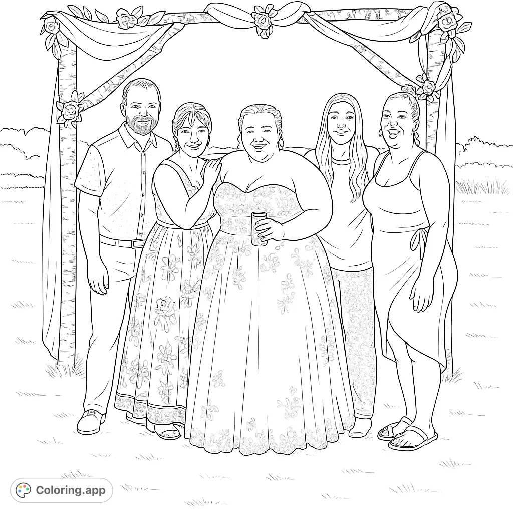 A joyful group of five celebrating under a beautifully decorated rustic arch, perfect for a wedding or special occasion coloring page.