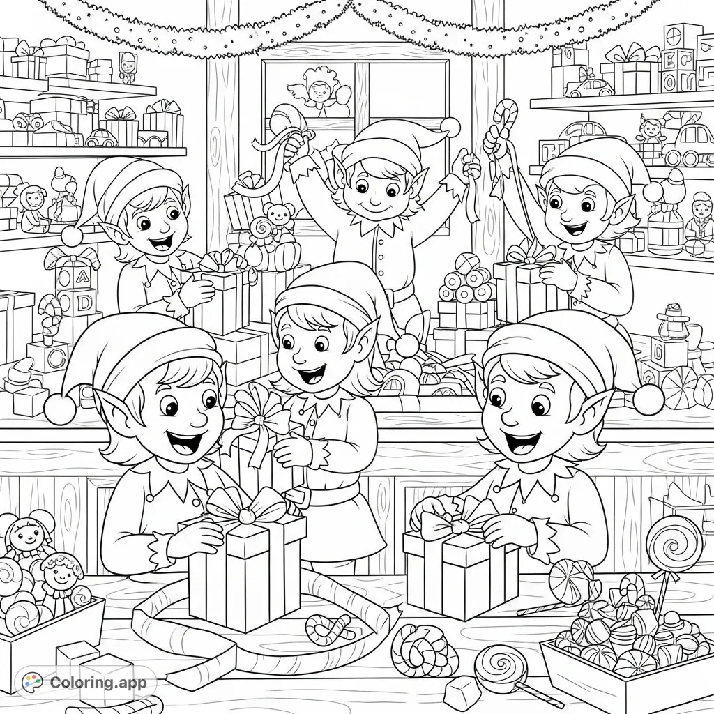Join cheerful cartoon elves in Santa's bustling workshop as they wrap presents amidst piles of toys and candy, ready for a festive coloring adventure.
