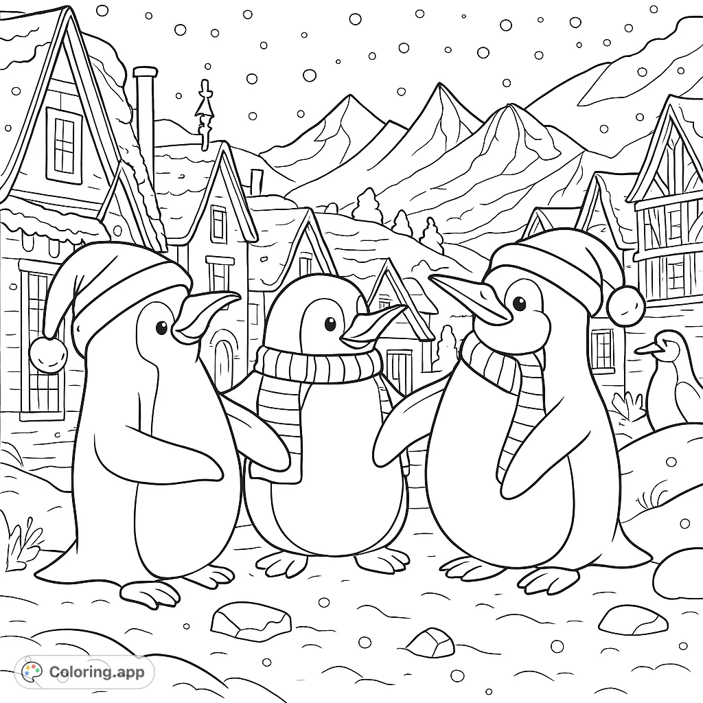 A delightful winter scene featuring three charming penguins in festive hats and scarves, surrounded by a snowy village and falling snowflakes. Perfect for holiday cheer!