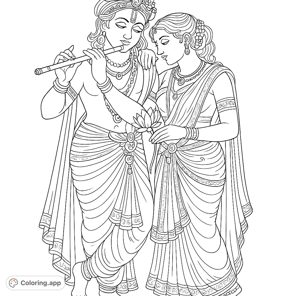 An enchanting divine couple, adorned with intricate jewelry and flowing garments, sharing a tender moment with a flute and lotus. A beautiful scene for mindful coloring.