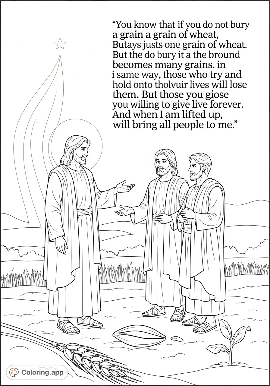 A profound Jesus coloring page depicting Jesus teaching Philip and Andrew the parable of the grain of wheat, symbolizing sacrifice and eternal life. A free printable religious coloring page.