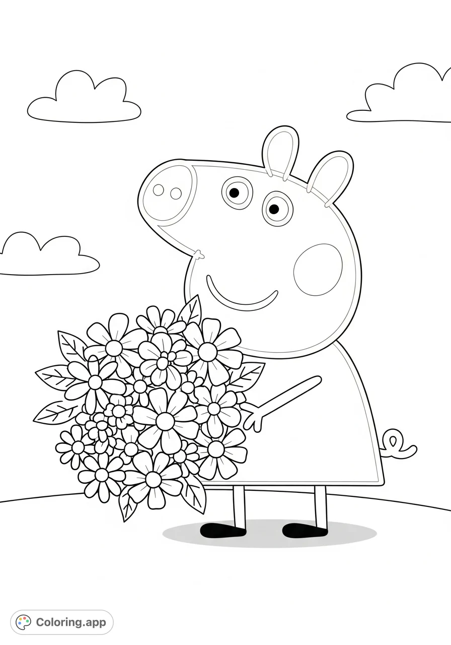 Join Peppa Pig as she presents a beautiful bouquet of flowers! A delightful Peppa Pig coloring page perfect for young fans to bring to life with their favorite colors.