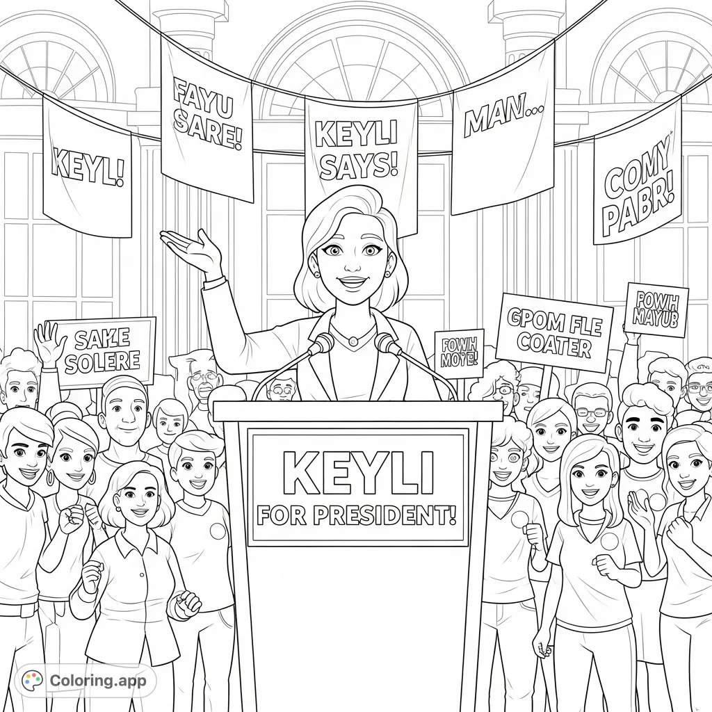 Join Keyli's inspiring presidential campaign rally! This engaging coloring page features Keyli at a podium, connecting with a diverse, enthusiastic crowd.