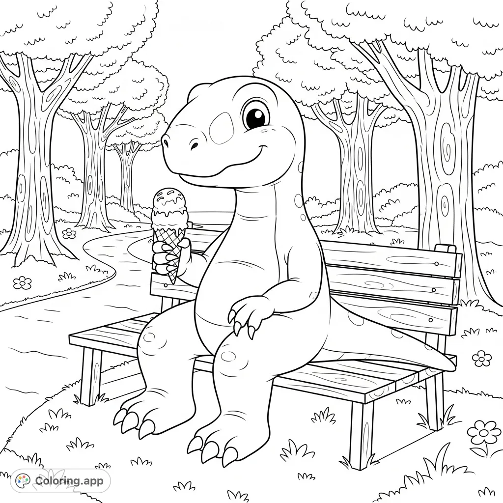 A friendly dinosaur enjoys a delicious ice cream cone while relaxing on a park bench amidst trees and flowers. A delightful scene for all ages.