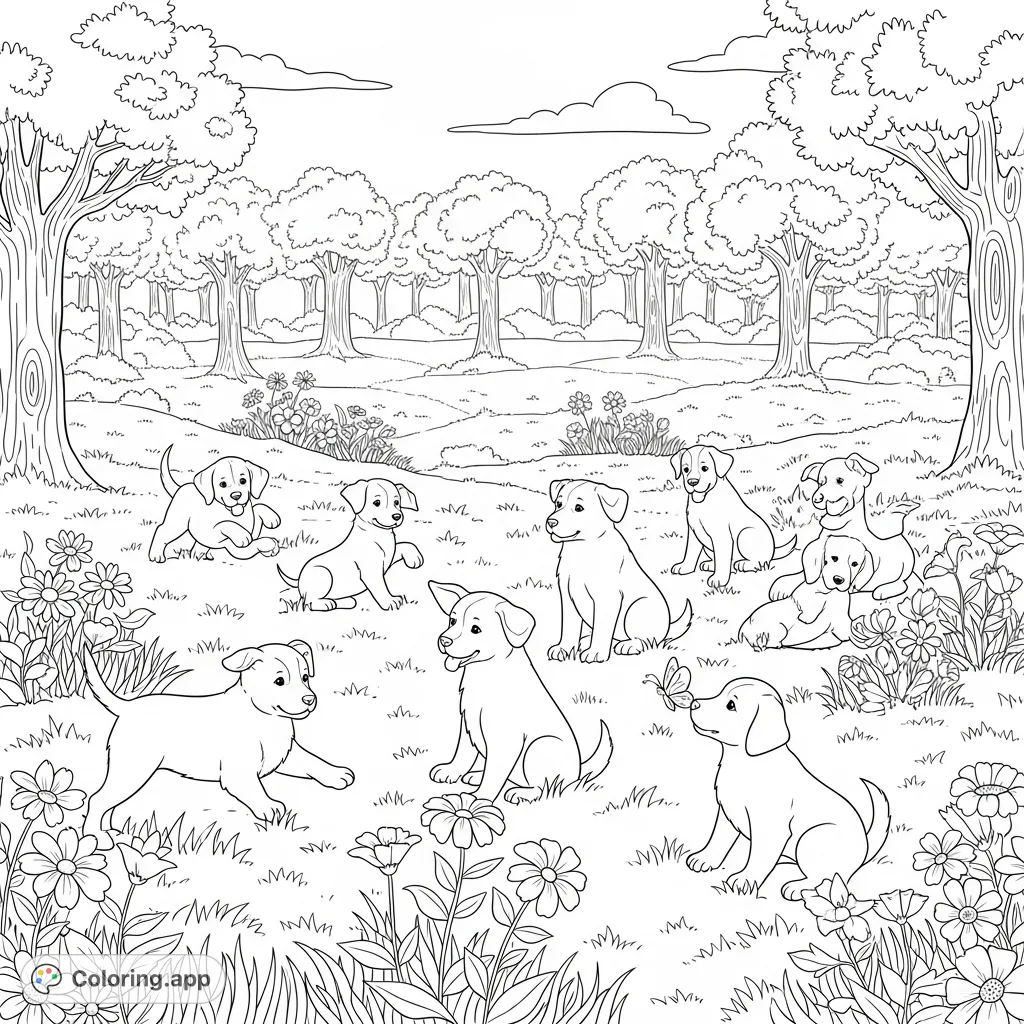 A delightful scene of playful puppies frolicking amidst a field of flowers and trees, perfect for a charming and engaging coloring experience.