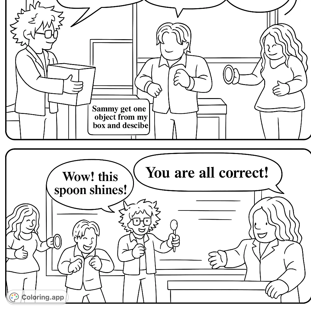 A fun classroom scene where students describe objects, featuring characters with distinct hairstyles and various items. Perfect for engaging young minds.