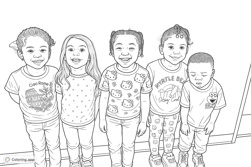 A delightful coloring page featuring five happy children standing together, each with unique outfits and expressions, perfect for young artists to express their creativity.