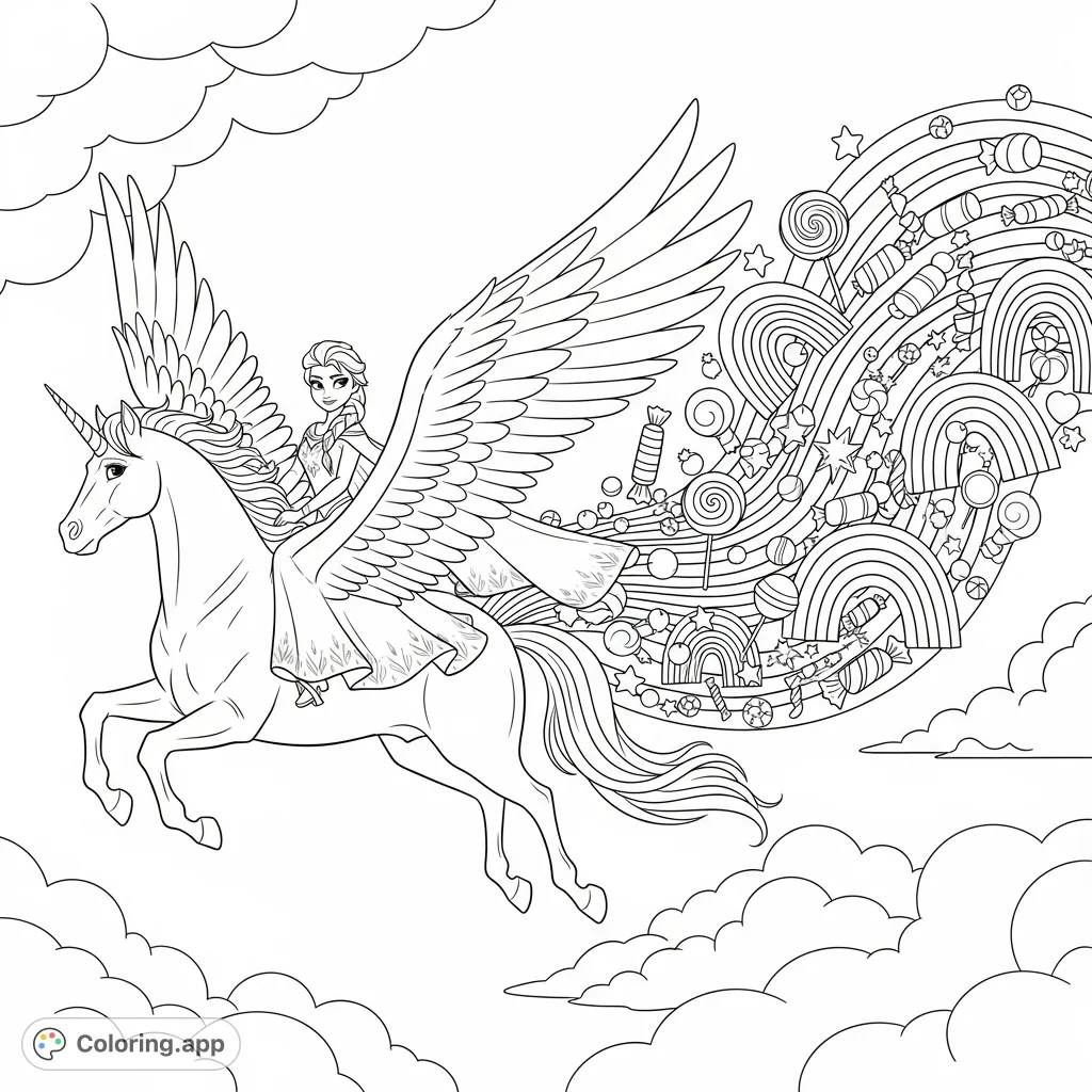 Queen Elsa soars on a majestic unicorn Pegasus, leaving a trail of vibrant rainbows and whimsical candies. A magical adventure for all ages.