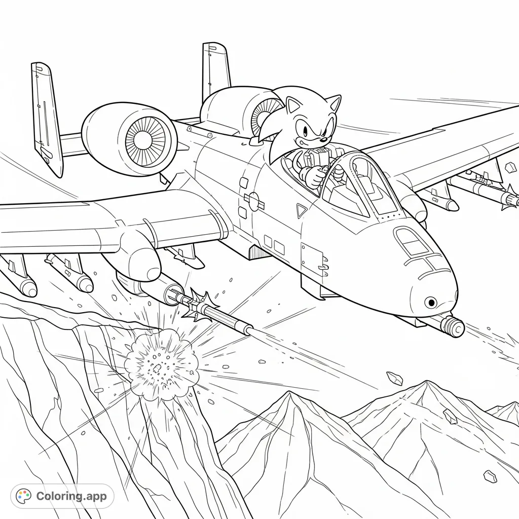An action-packed Sonic the Hedgehog coloring page featuring Sonic piloting an A-10 Warthog, strafing a mountain. Perfect for fans of speed and adventure!
