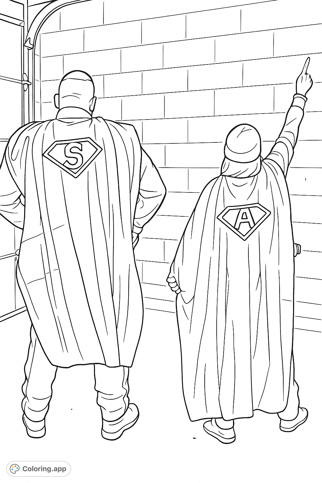 Two caped figures, seen from behind, stand ready for action against a brick wall, one pointing skyward. Features diamond emblems on their flowing capes.
