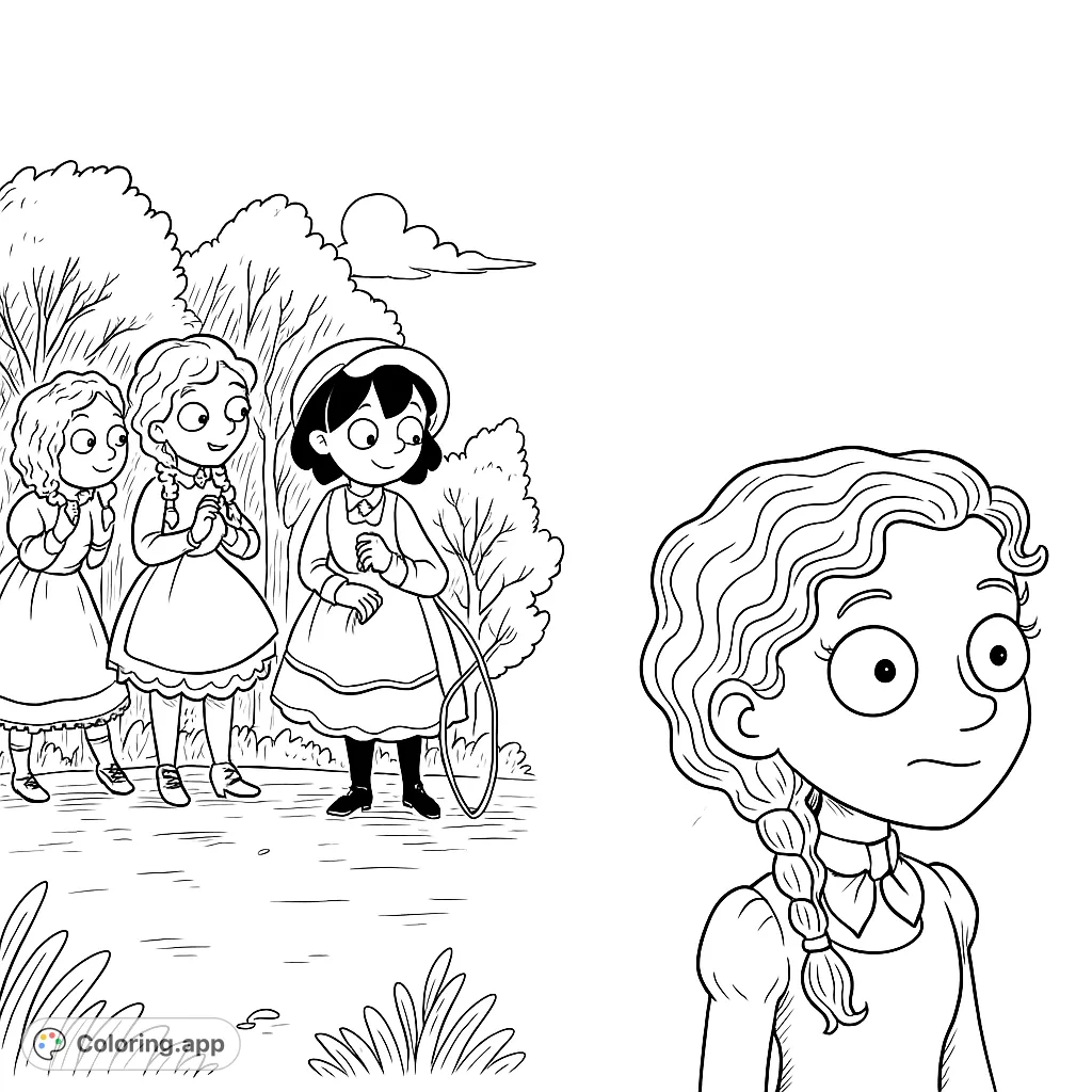 Three charming girls in vintage attire, one with a hoop, enjoying a stroll through a park. A delightful scene for creative coloring.