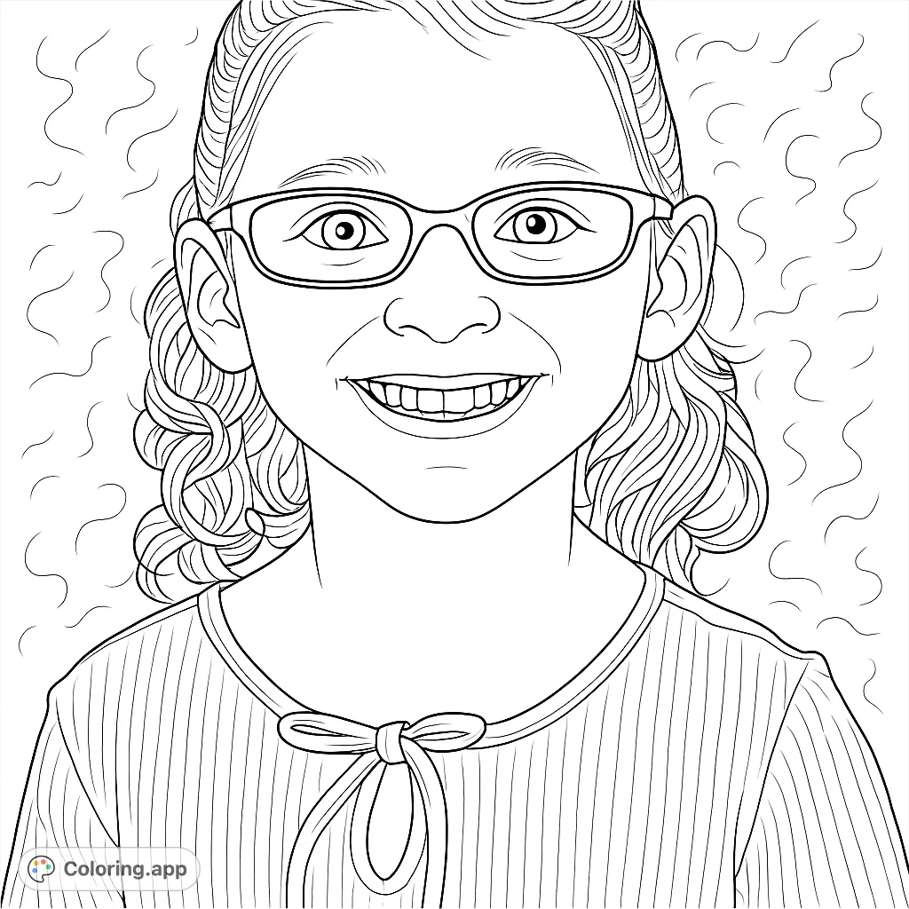 A cheerful young girl with curly hair and stylish glasses, smiling brightly. A delightful portrait for a fun coloring experience.
