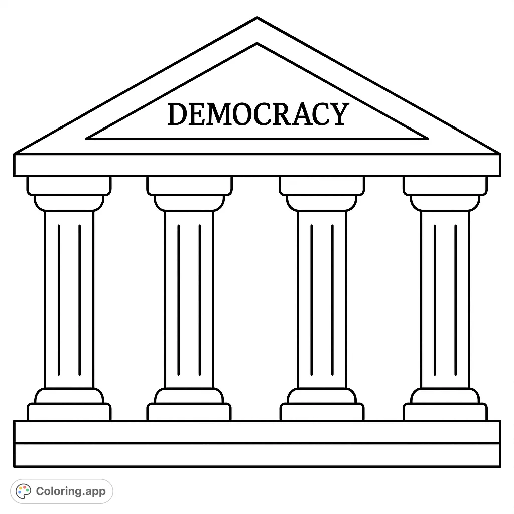Explore the foundational elements of governance with this democracy coloring page. Features a classical structure with four strong pillars and a prominent inscription.