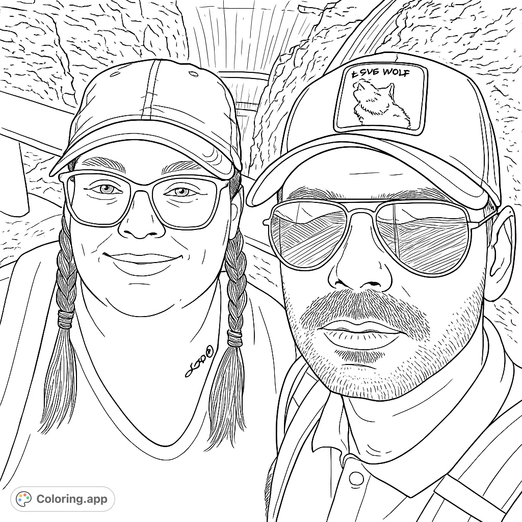 Capture a memorable outdoor adventure with this couple's portrait. Features a woman in glasses and braids, and a man with a wolf cap and sunglasses, against a grand dam.