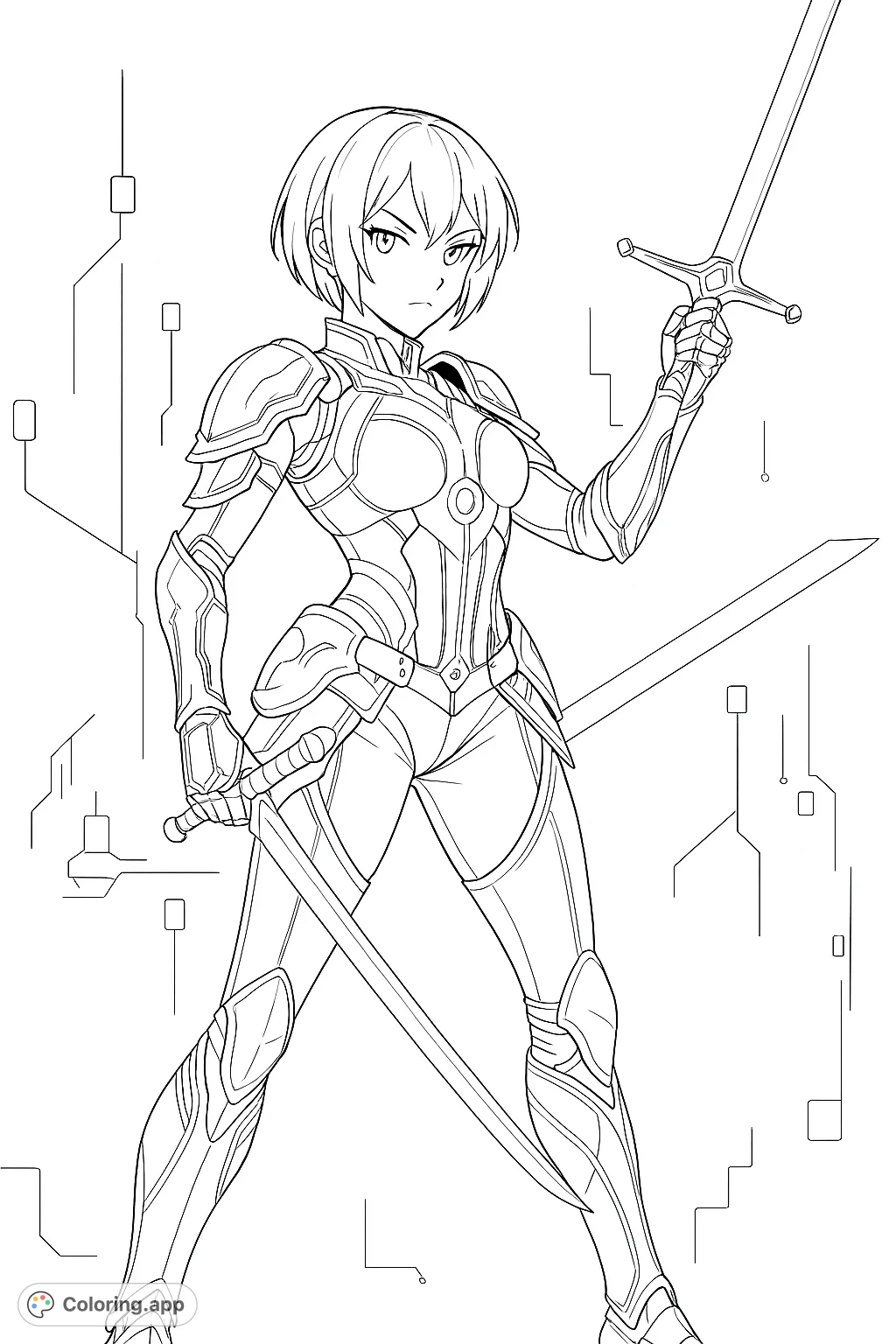 A powerful cybernetic warrior stands ready with two energy swords in a futuristic, digital setting. Intricate armor and glowing patterns offer an exciting coloring challenge.