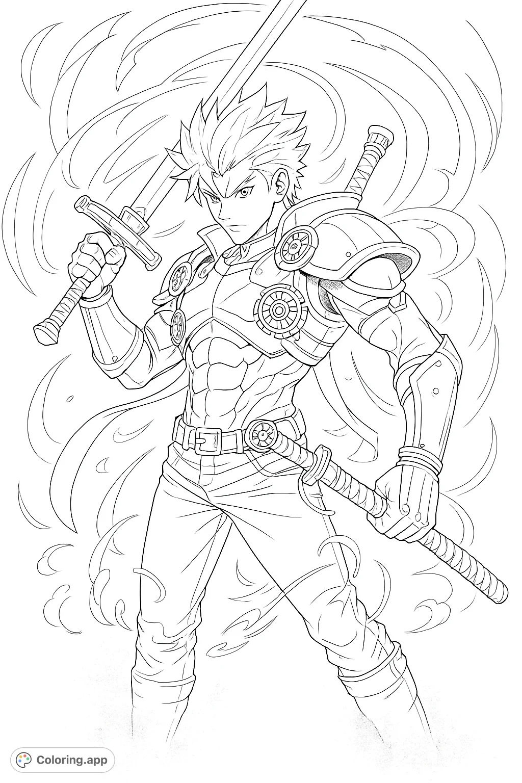 Unleash your creativity with this dynamic steampunk warrior coloring page. Featuring intricate armor, a powerful sword, and swirling energy, it's an epic adventure!