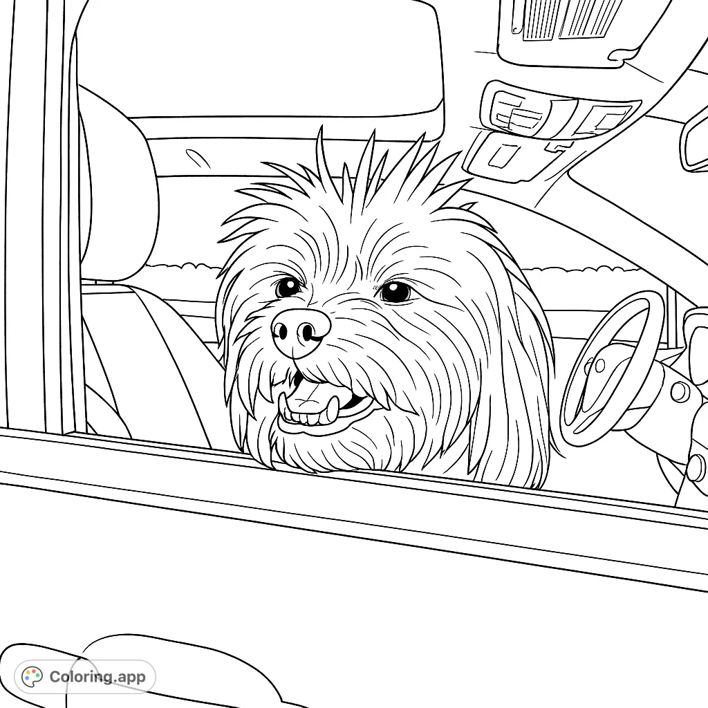 A fluffy dog enjoys a car ride, head out the window, fur blowing in the breeze. A delightful scene for animal lovers to color.