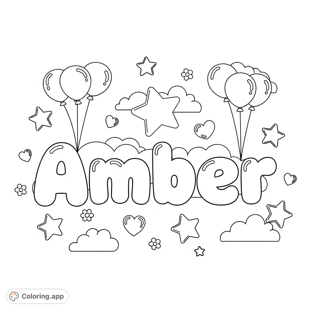 A delightful 'Amber' bubble letter coloring page, featuring the name in a playful font surrounded by stars, clouds, and balloons. Perfect for kids!