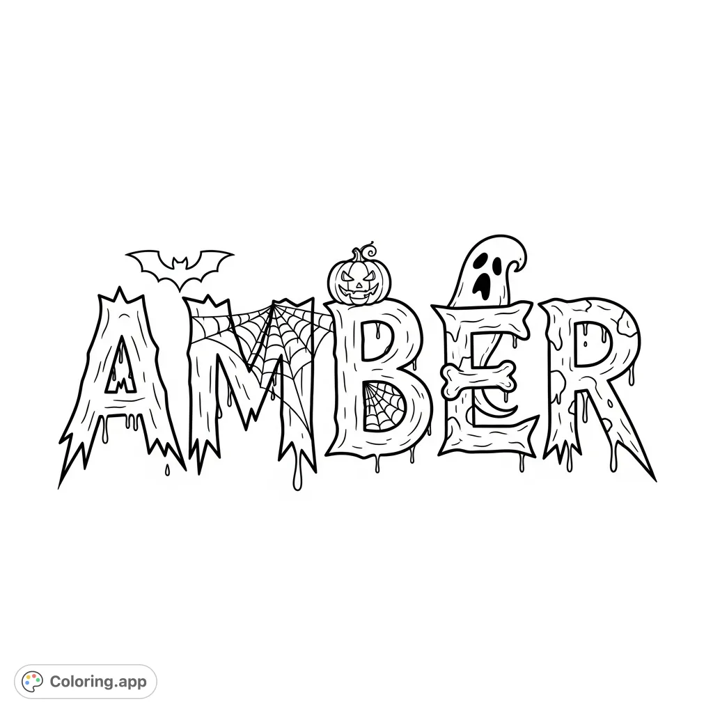 A personalized "Amber" Halloween coloring page featuring a spooky font with bats, cobwebs, pumpkins, and ghostly details. Perfect for festive fun!