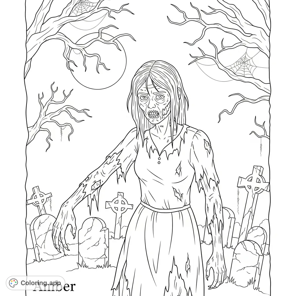 A chilling Halloween coloring page featuring Amber as a zombie in a tattered dress, standing in a desolate graveyard. Intricate details for a spooky coloring experience.