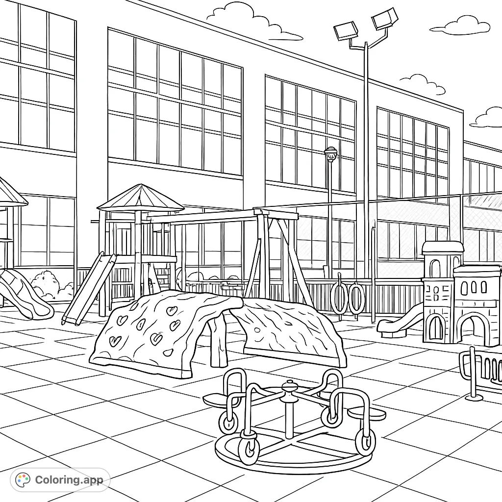 Explore a detailed playground with slides, swings, climbing structures, and a merry-go-round, set against a modern building. Perfect for imaginative coloring fun!