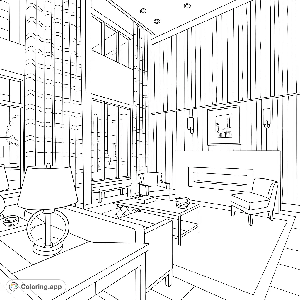 Step into a sophisticated modern interior with tall windows, a sleek fireplace, and elegant furnishings. Perfect for detailed coloring and relaxation.